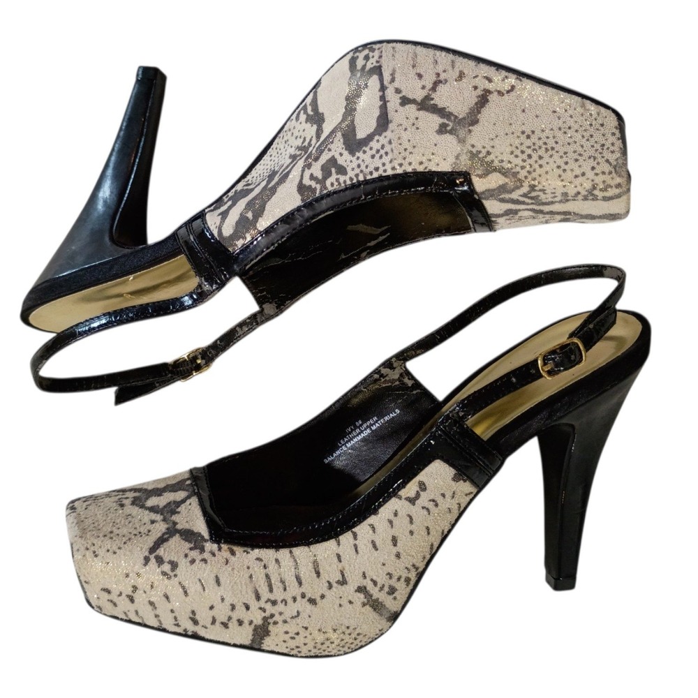 Vintage Dollhouse Ivy Snakeskin Slingback Platform Heels Square Toe Black 8